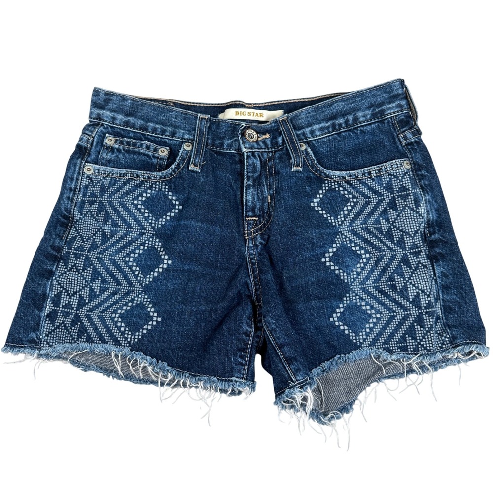 Big Star Denim Cutoff Shorts Blue Geometric Print Raw‎ Hem Aztec Western boho 25
